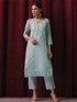 3 Pc Suit - Blue Cotton Silk Embroidered Kurta with Cotton Pant and Chanderi Embroidered Dupatta